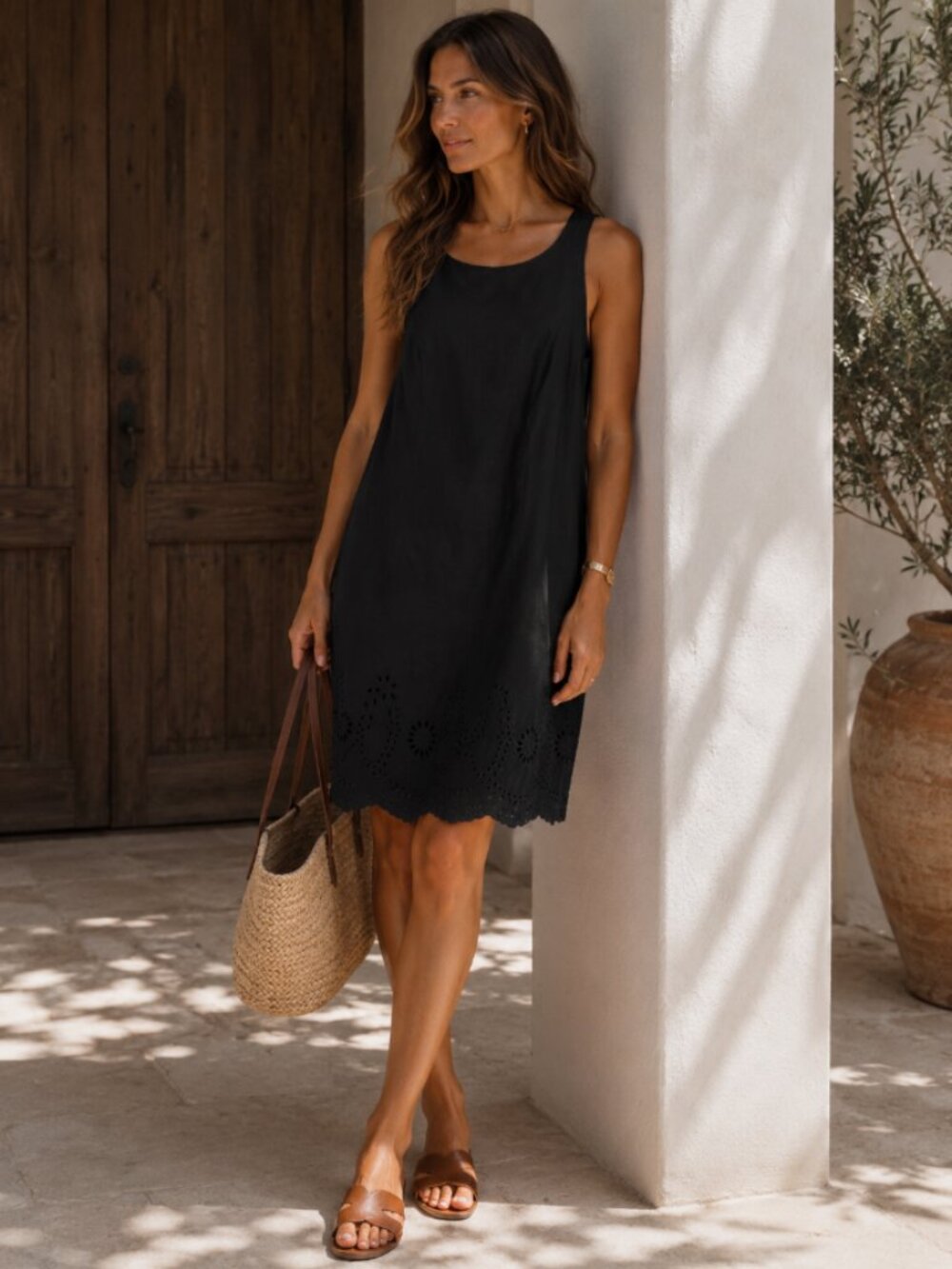 VTG NIKKI VALENTINE Irish Linen Black Eyelet Shift Dress Sz 8 Coastal Minimalist